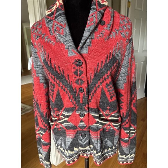 Lauren Ralph Lauren LRL Women's Medium Aztec Cardigan Sweater Southwestern red - Picture 1 of 15